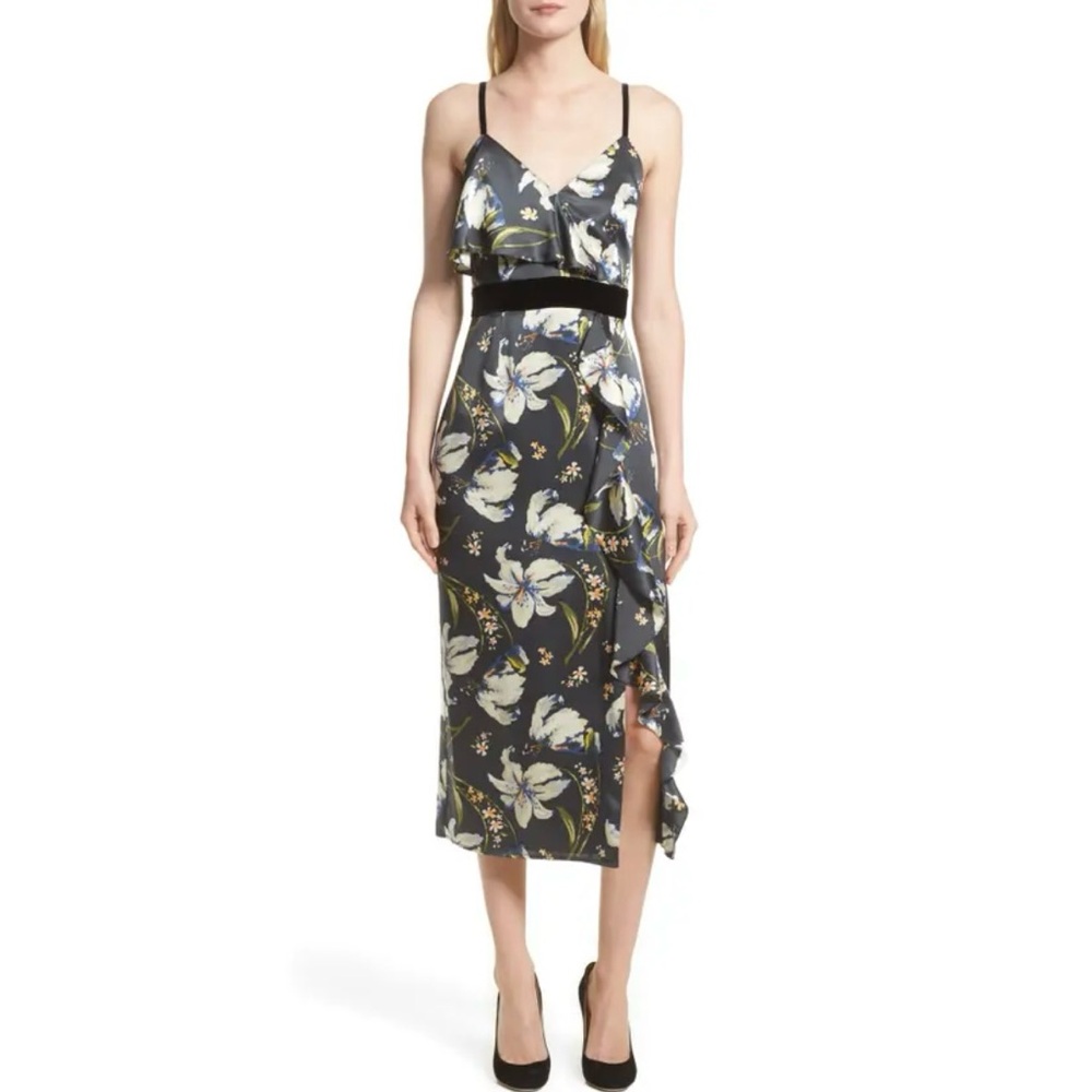 CINQ A SEPT NWT Leena 100% Silk Black Floral Midi Dress w/ Velvet Trim Size 10